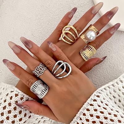 Exaggerated Pearl Smooth Surface Niche Geometric Ring, Personalized Line Wide Surface Joint Ring Jewelry