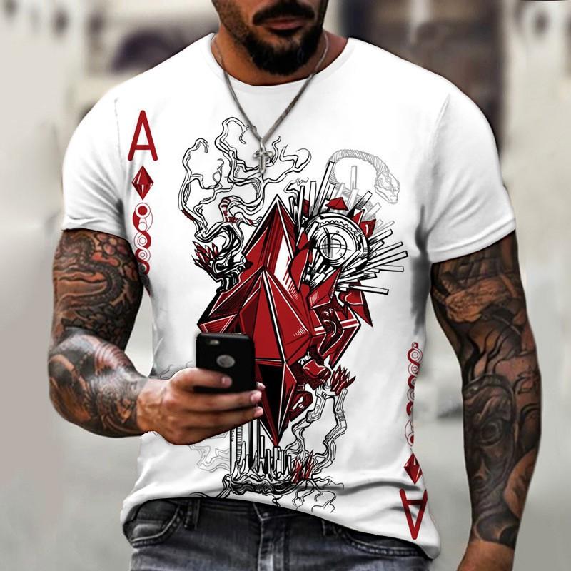Mens Loose Fit Crew Neck Short Sleeve T-Shirt With 3D Poker Print Digital Lightweight Casual Streetwear