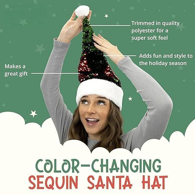 Color-Changing Flip Sequin Santa Hat — Reversible RedGreen “Magic Flip” Sequins, White Fur Trim — Festive Christmas Cap