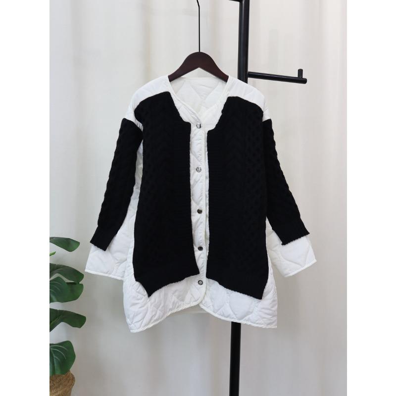 Autumn and winter loose splicing cotton clothes knitted cardigan women's rhombus contrasting color sweater jacket contrasting color design