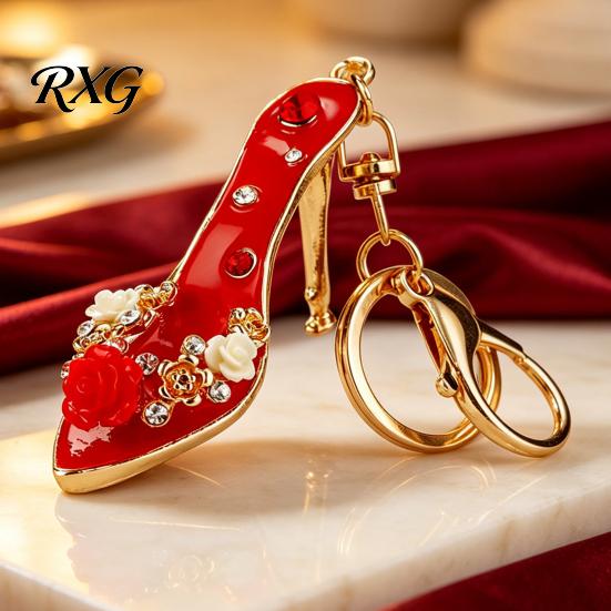 Car Key Holder Rhinestone Rose High Heel Keychain, Sparkling High-Heeled Shoes Ring, Purse Charm Bag Backpack Hanging Decor Charm, Gift for Women