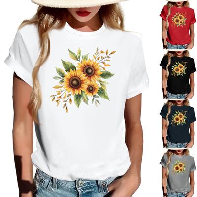 Women's Fashionable Round Neck Casual Retro Print Short Sleeved T-shirt Top