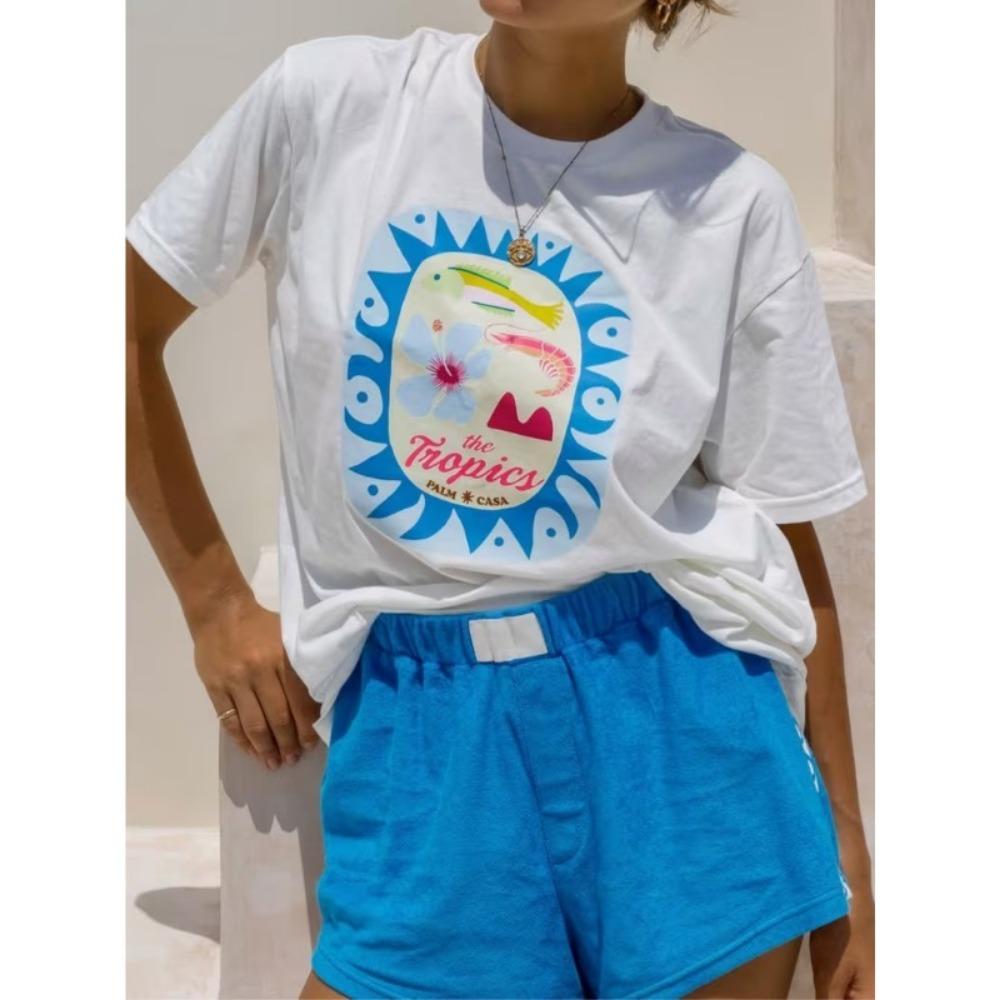 Letter Sea Turtle Print T-Shirt Ocean Sea Turtle Coral Graphic Women's Oversized Crew Neck Casual Tee for Daily Wear