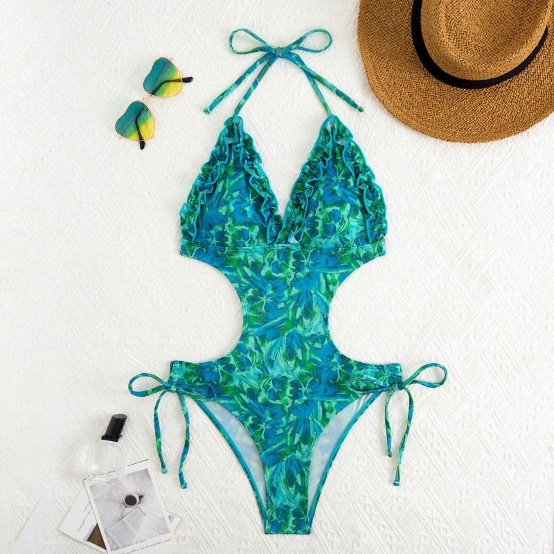

Size Chest Gathered Drawstring Waist Retro Print Split Swimsuit Women Sexy Slim Fit M