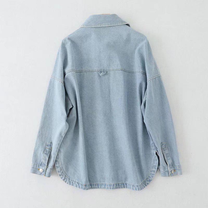 Women's Washed Blue Denim Shirt Jacket with Pocket Embellishments - European & American Style, Autumn Collection