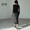 Lady Evening Dress Slim Fit Pleated Bateau Neck Long Sleeve Pure Color Midi Dress Sheath Calf Length Prom Cocktail Party Dress