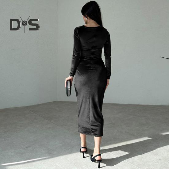 Dámské večerní šaty Slim Fit Skládaný Bateau Neck Dlouhý rukáv Čistě barevné Midi šaty Pouzdro na lýtka Plesové koktejlové šaty