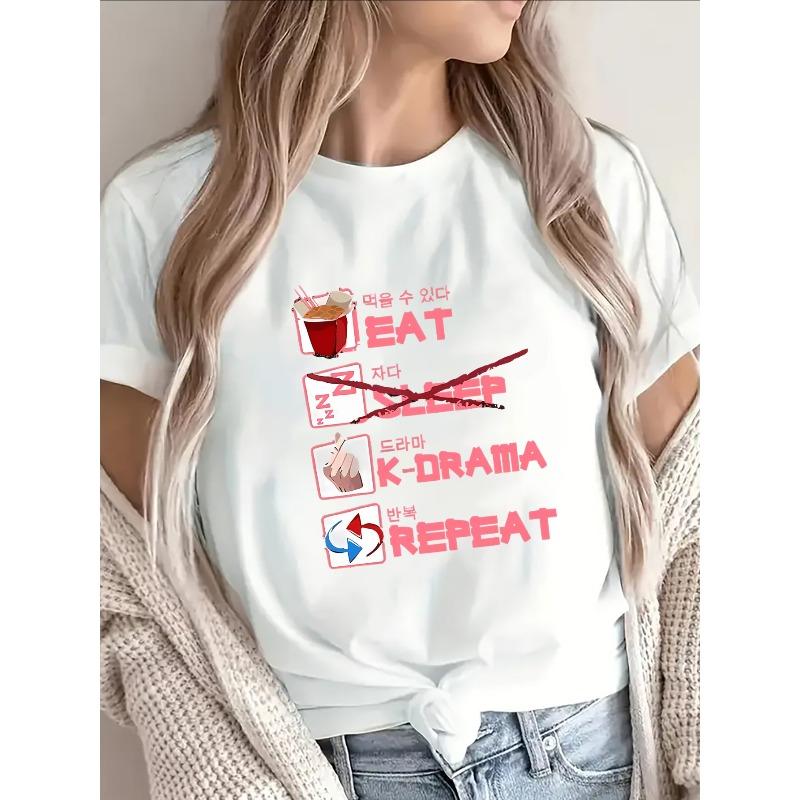 Short Sleeve T-Shirt for K-Drama Fans, Lightweight and Durable, Perfect for Home, Cafe, or Casual Wear, Featuring Eat Sleep K-Drama Repeat Design