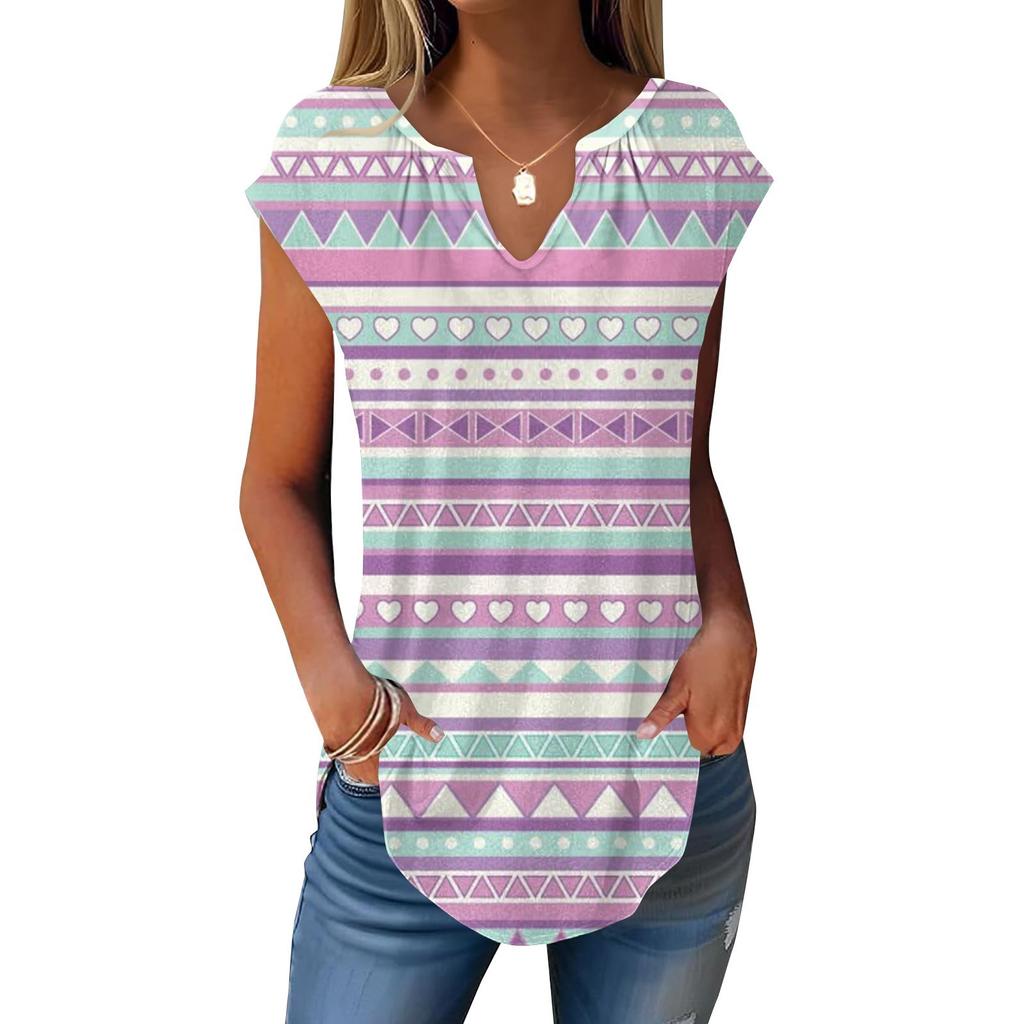 Summer Cap Sleeve T Shirts For Women Trendy Loose Casual Dressy V Neck Pleated Tunic Tank Tops