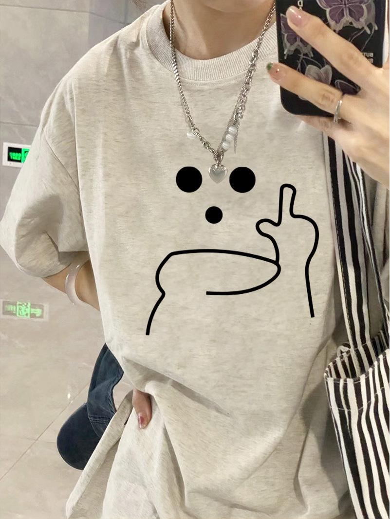 

Женская летняя футболка из 100% хлопка с коротким рукавом - дизайн с прямым плечом, свободный крой, трендовый американский нишевый стиль 3XL серый/белый