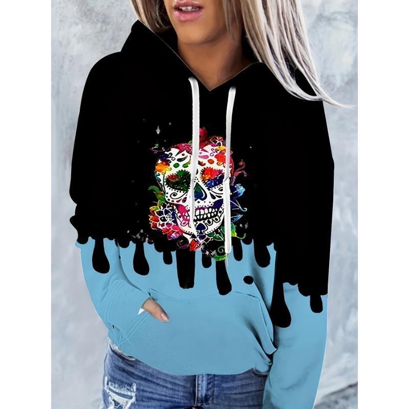 2025 Damenoberteile Herbst- und Winter-Hoodies Damen Lockerer Mexikanischer Tag der Toten Druck 3D-Druck Mode Lässiger Pullover-Hoodie