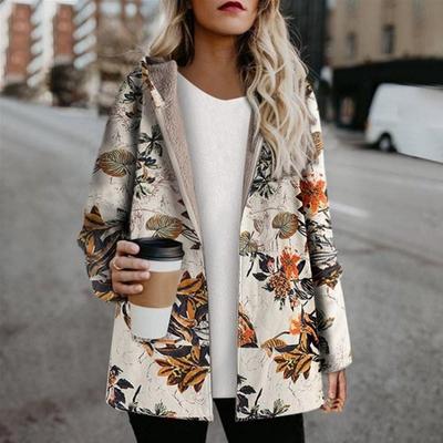 Vintage Women Casual Winter Warm Hooded Fleece Jacket Coat Long Sleeve Zipper Outerwear with Pockets Floral