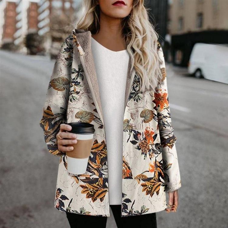 Women Vintage Floral Fleece Zipper Jacket Casual Long Sleeve Hooded Coat Warm Winter Outerwear with Pockets