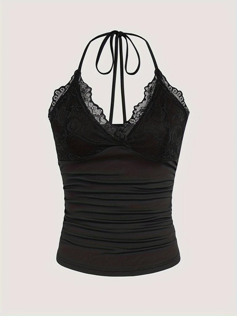 Women's V-neck Camisole With Lace And Pleated Straps, Hanging Neck Vest