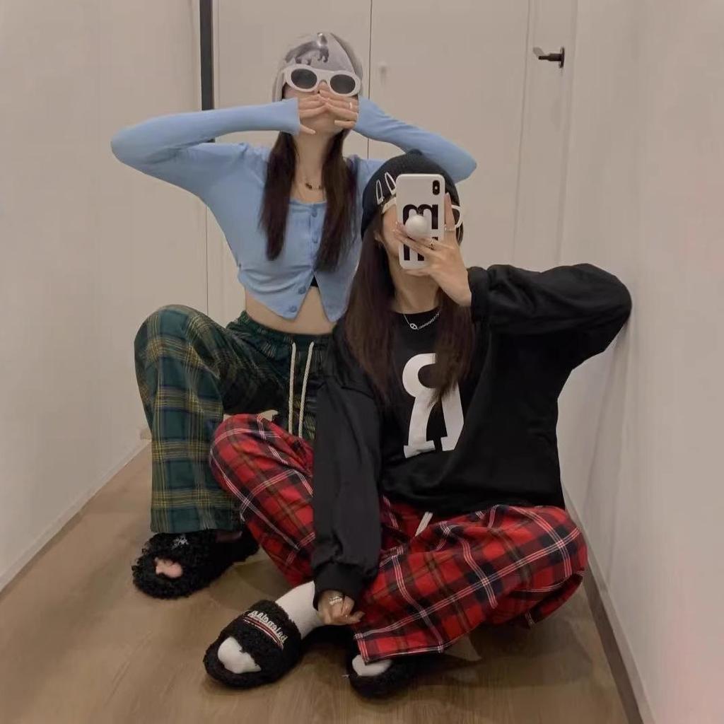 Women's Red Plaid Casual Wide-Leg Pants - Spring Collection