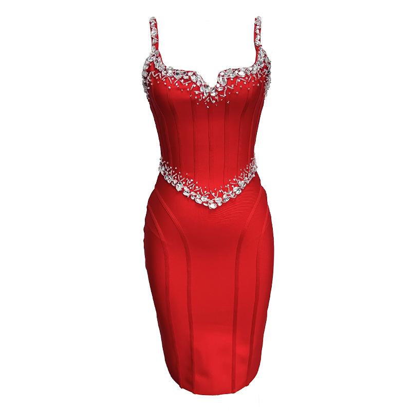 Heavy Sewing Diamond Sling Bandage Evening Dress