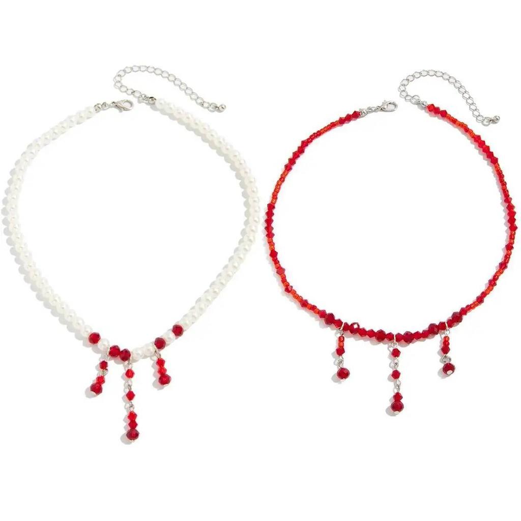 Ingemark Goth Roter Blutkristall Quastenanhänger Choker Halskette für Damen Elegante Imitationsperlenkette Halloween Schmuck Geschenk