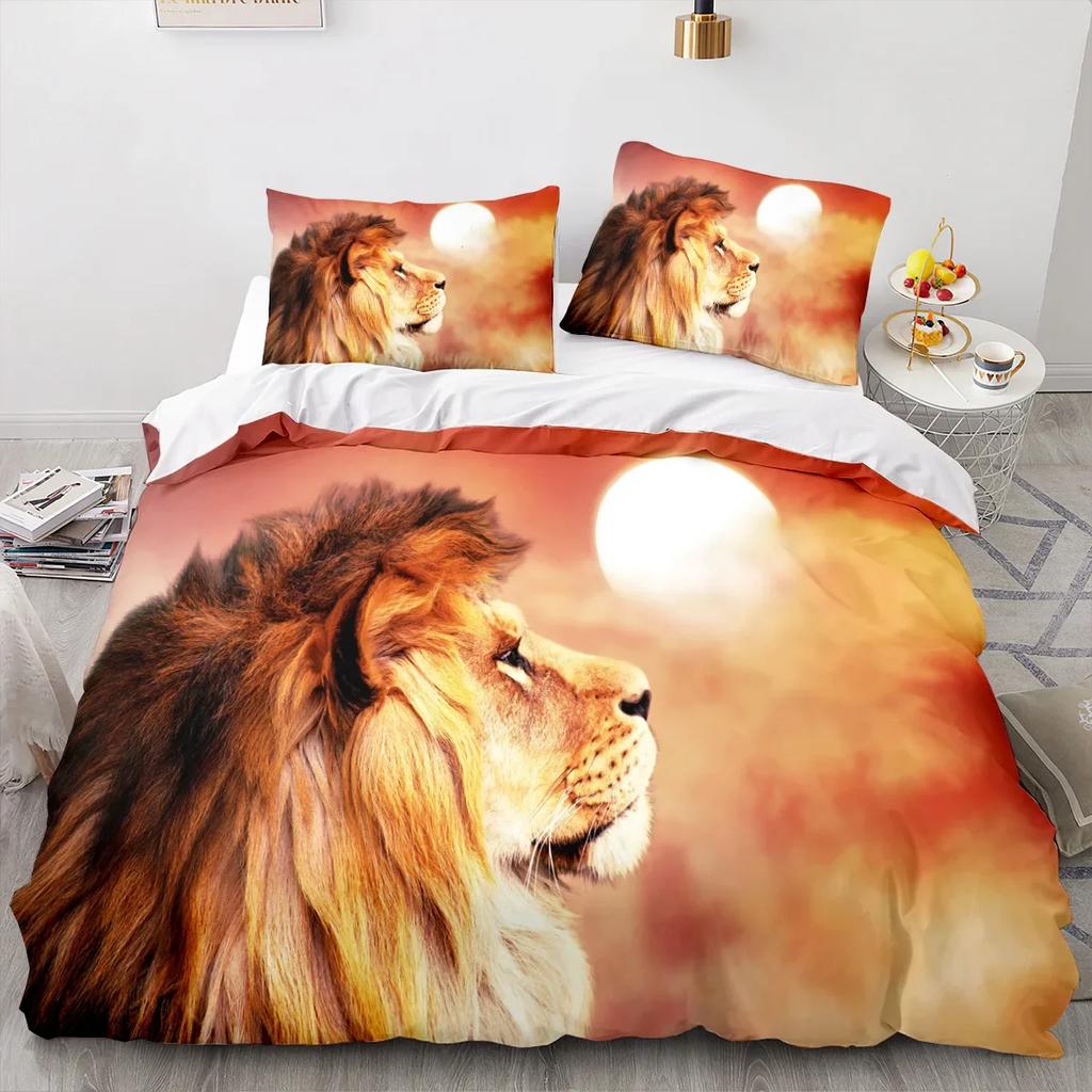 3PCS Lion Bedding Set Cool Animal Bed Linen Home Decor Single Double Twin Size For Boys Girls Kids Adults Lion Duvet Cover Set