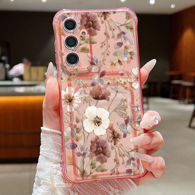 Transparent Flowers Pattern Phone Case For Samsung Galaxy S26 S25 S24 S23 S22 Ultra S25 Edge S24 FE Clear Card Bag Wallet Cover