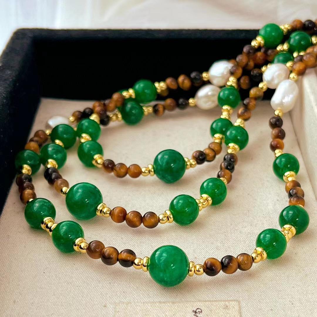 

Autumn And Winter Retro Maillard Wind Natural Tiger S Eye Stone Freshwater Pearl Quartz Rock Collarbone Chain Necklace