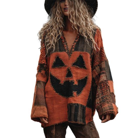 

Женский пуловер с V-образным вырезом и графическим принтом, с длинным рукавом, повседневный вязаный свитшот оверсайз, рваный винтажный осенний топ S