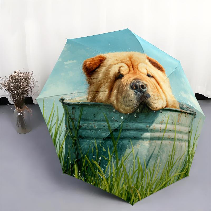Chow Chow and Grass Pattern, Automatic Folding Umbrella, Portable and Foldable Design, 8 Ribs, a Christmas or Birthday Gift.