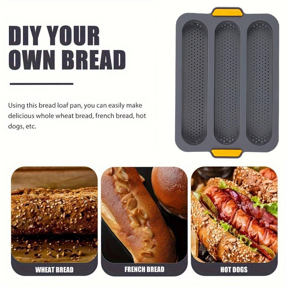 3 Slot Long Stick Bread Baking Tray Non-stick Easy Clean Perforated Bread Mold Large Capacity Heat Resistant Silicone Loaf Pan