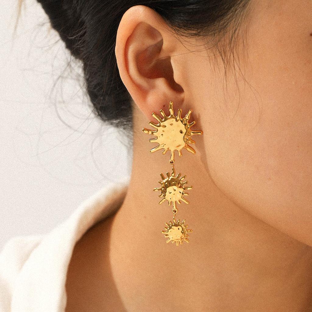 18k Gold Stainless Steel Hammered Sun Pendant Earrings, Stylish Drop Earrings, High-end Light Luxury Jewelry