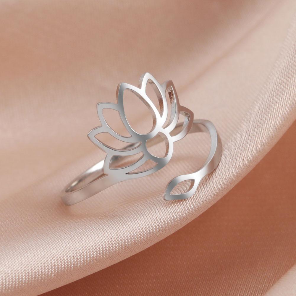 Stainless Steel Lotus Flower Rings Silver Color Yoga Buddha Adjustable Ring Om Symbol Amulet Vintage Jewelry New Year Gifts
