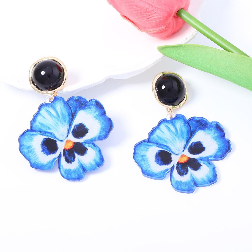 Retro literary design blue pansy flower pendant black bead metal splicing design sense stud earrings women