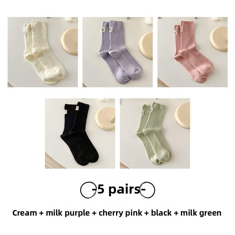 

5 пар женских новых универсальных носков с вертикальными полосками, однотонных, с хлопковой задней частью, с этикеткой, в трубке, с ворсом 5 Pairs