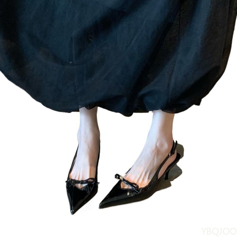 Fashion 2025 Ladies French New Summer Sandals Pointed Patent Leather Mid-heel Sandals for Women Retro Skinny Heel Back Empty Shoes Mujer