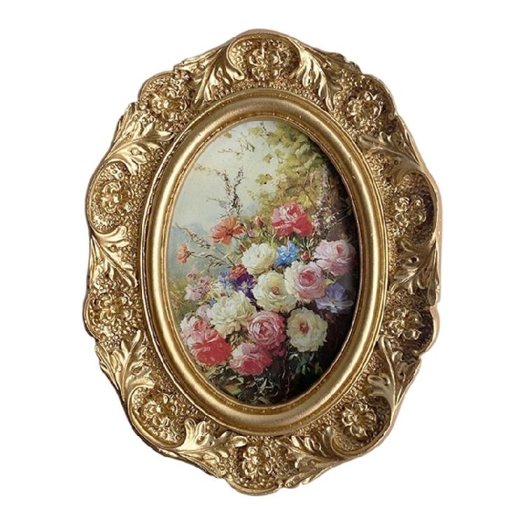 Decoratief Ovaal Vorm Portret Fotolijst Hars Bloemen Reliëf Fotohouder met Achterclip Toegang voor Woonkamer Wandmontage