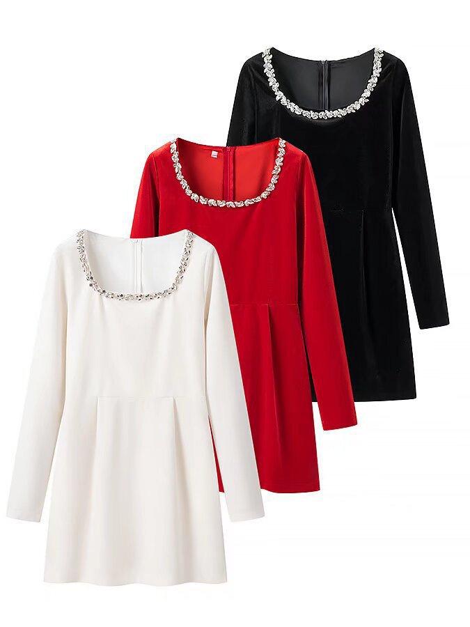 Women's Elegant Beaded Velvet Square Neck Rhinestone Long Sleeve Dress – Winter Formal/ New Year’s Dress