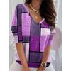 Color Blocked Plaid V-neck Top for Women, Fashionable Contrasting Loose Casual T-shirts
