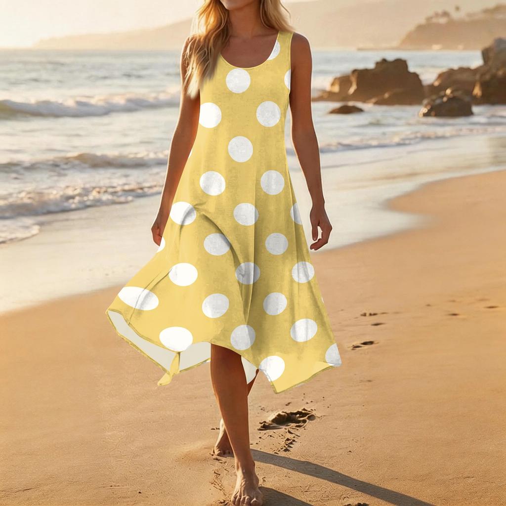 Women Sleeveless Polka Dot Print Midi Dress Crew Neck Casual Loose Fit Asymmetrical Hem Lightweight Sundress
