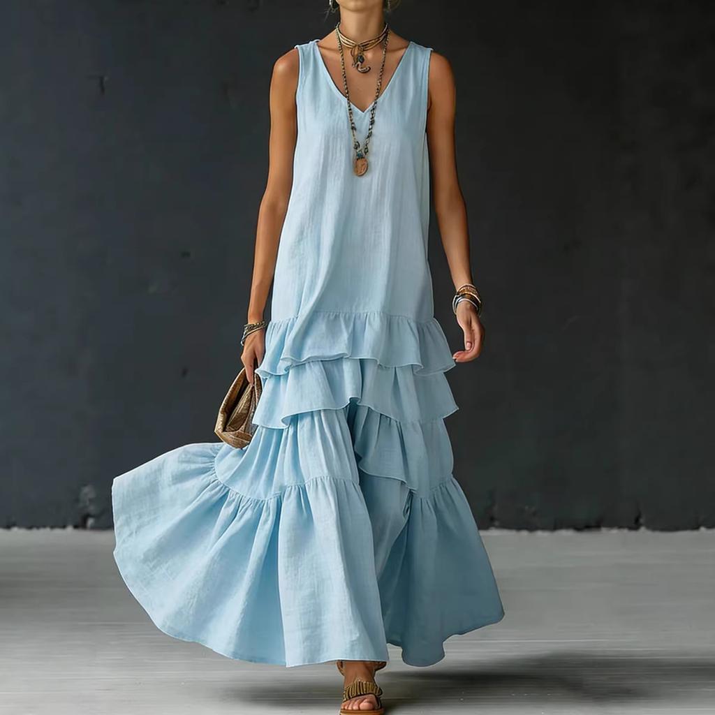 Vestido sin mangas para mujer con cuello en V y volantes en cascada, moda de primavera, casual, nuevo, color liso, holgado, dobladillo ancho, vestido largo