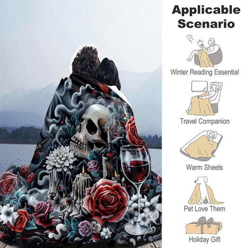 1pc Skulls Roses Candles and Wine Blanket Soft Throw for Home Decor, Gift Idea for and , Living Room .K085
