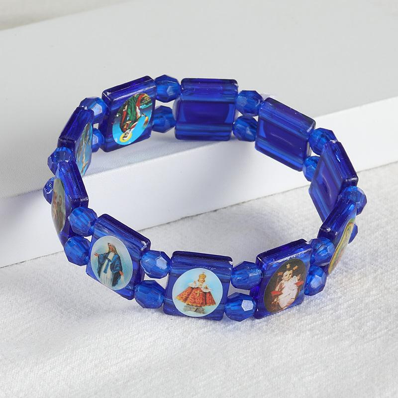 Vintage Jesus And Virgin Mary Pvc Rosary Bead Bracelet With Elastic Band Religious Image Stickers For Daily Wear Parties