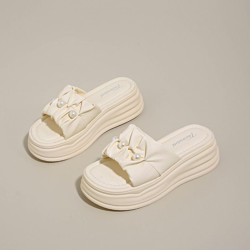 CRLAYDK Fashion Sandals for Women Fold Pearl Slip On PU Leather Slides Ladies Casual Walking Shoes Platform Beach Slippers