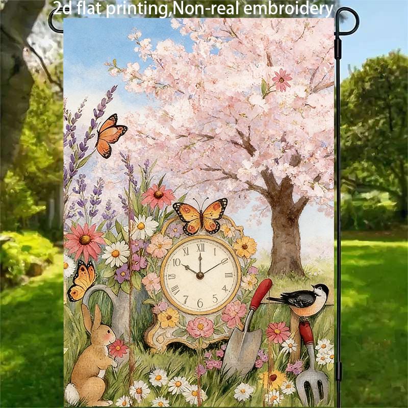 2D Flat, 1pc, 2D Flat Printing, Spring Garden Clock Butterfly Floral Decorative Flag, Polyester Material, Multiple Sizes, Machine Washable and Durable