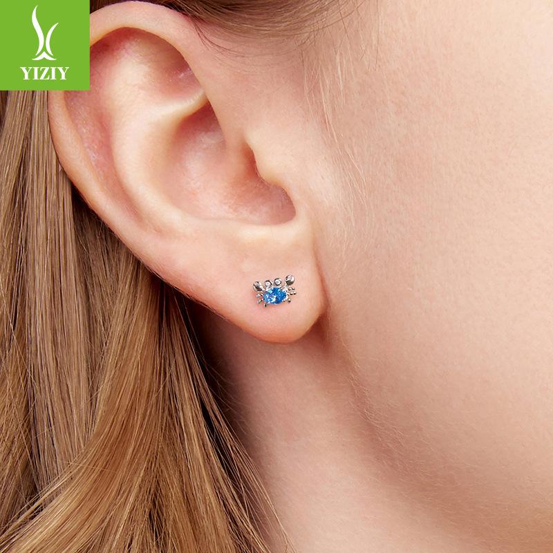 Blue Zircon Crab Stud Earrings, Childlike And Cute Creative S925 Sterling Silver Stud Earrings.