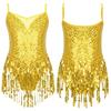 Girls Shiny Dance Leotard Sleeveless V Neckline Sequins Mesh Patchwork Tassel Hem Performance Costume