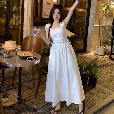 White Suspender Dress Women Korean Chic Drawstring High Waist Long Dresses Summer Sleeveless Square Collar