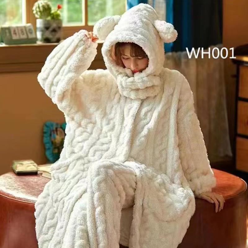 Womens Winter Fleece Robe Set Flannel Solid Simple Long Bathrobe Loungewear