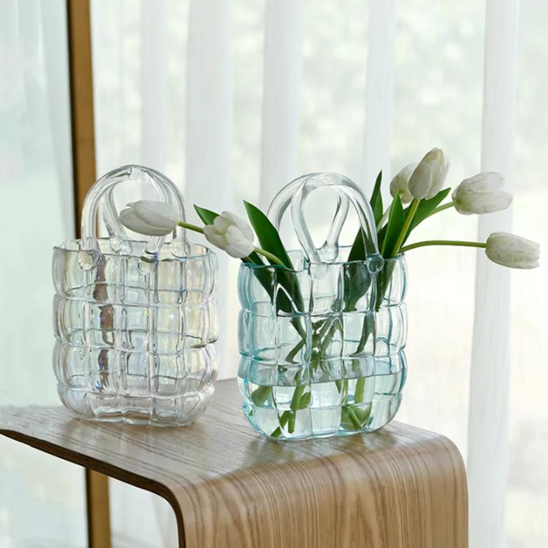 Clear Glass Vase Bag Handbag Basket Transparent Terrarium Flower Vase Floral Arrangement Accessories Living Room Decoration