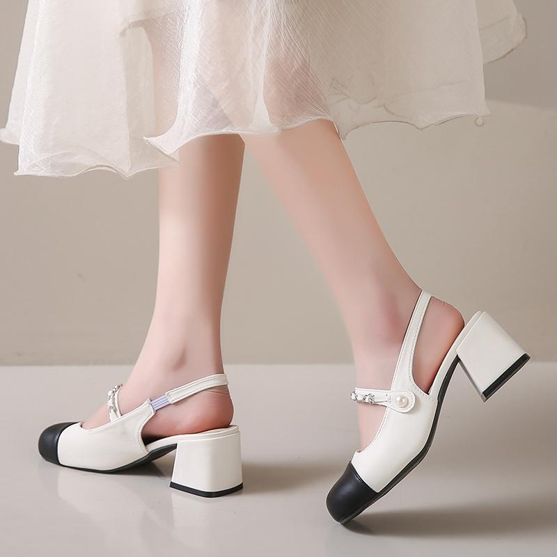 Fashion 2024 Summer New Korean Edition One Button Pearl Chain High Heel Single Shoes Mary Jane Shoes Retro Thick Heel Sandals for Women
