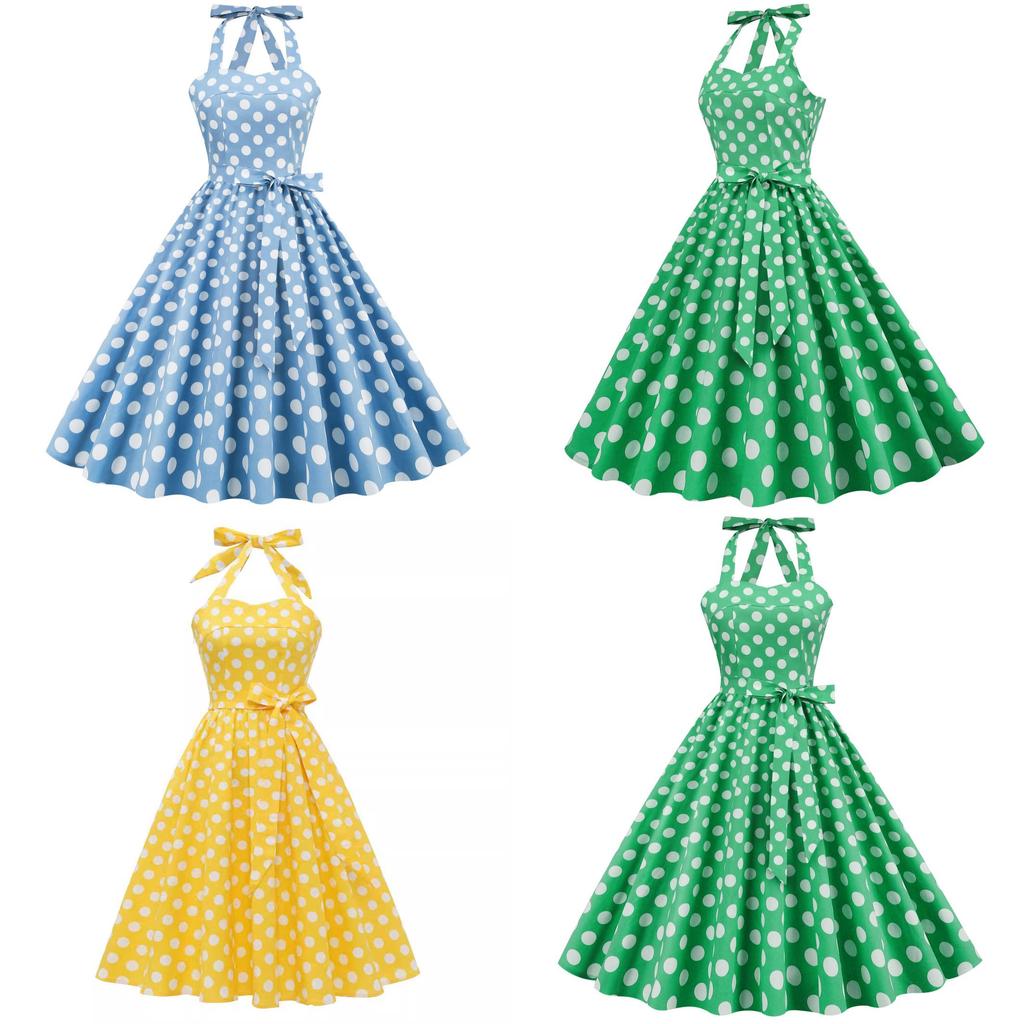 Vintage Polka Dot Cotton Dress With Tie Back And Offshoulder Design For Women
