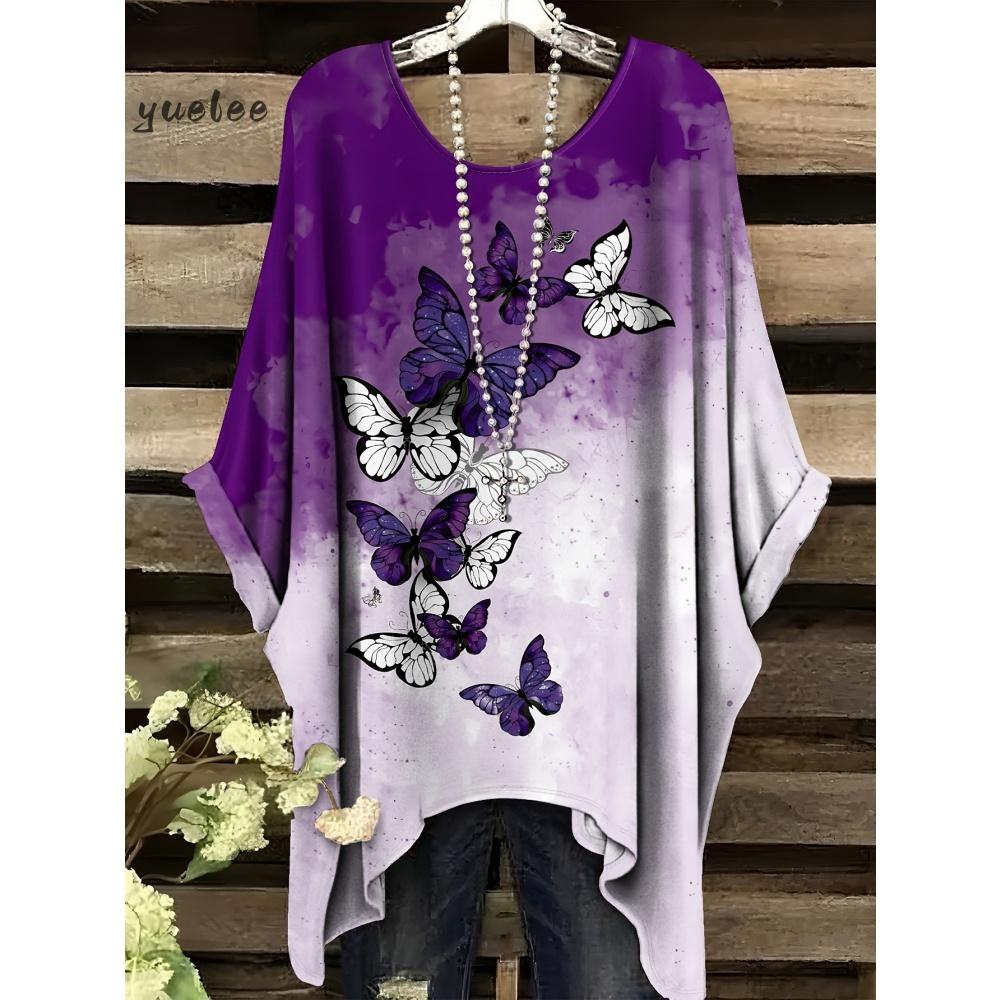 T-shirt da Donna Stampa Floreale Colorata Girocollo Top Orlo Irregolare Manica Corta Taglie Forti Abbigliamento da Donna Casual per Esterno