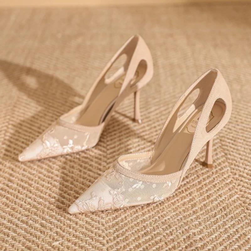 

Fashion Elegant Lace Mesh Brand High Heels Women Fashion Pointy Toe Thin Heel Designer Shoes Sexy Party Dress Shoes Zapatos Para Mujer 35 бежевий